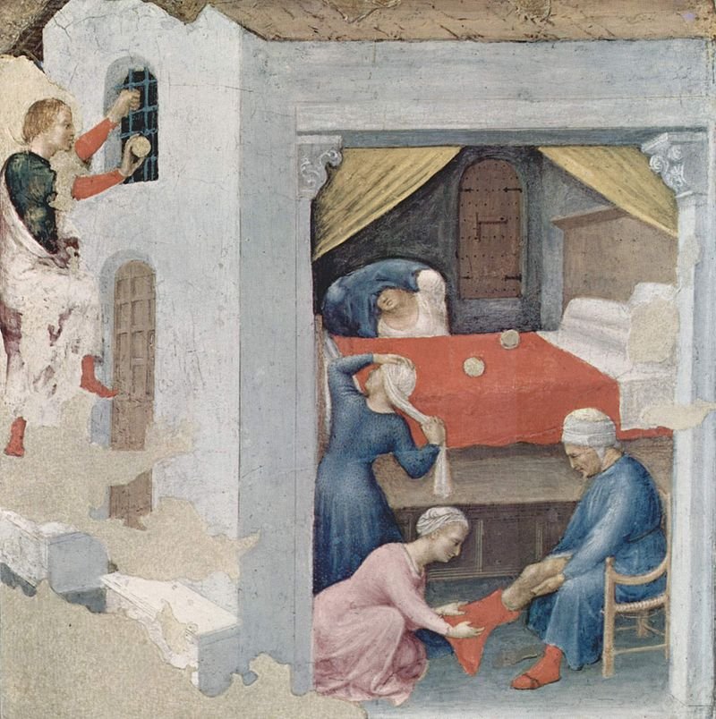 Сцена з життя святого: Миколай вкидає золото в кімнату трьох бідних дів (картина Джентіле да Фабріано. XV ст.).
