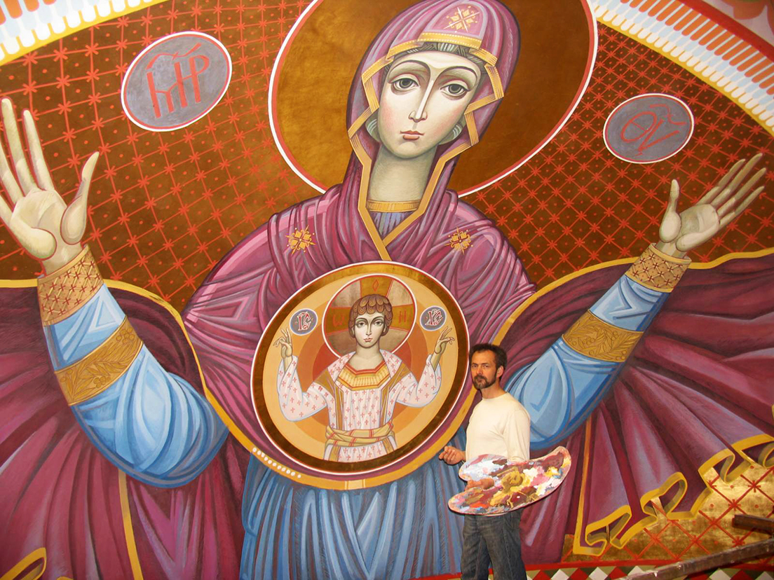 За роботою в храмі св. Миколи Мирлікійського у Малоріченську (Крим), фрагмент запрестольного розпису «Знамення», 2004-2007 рр.