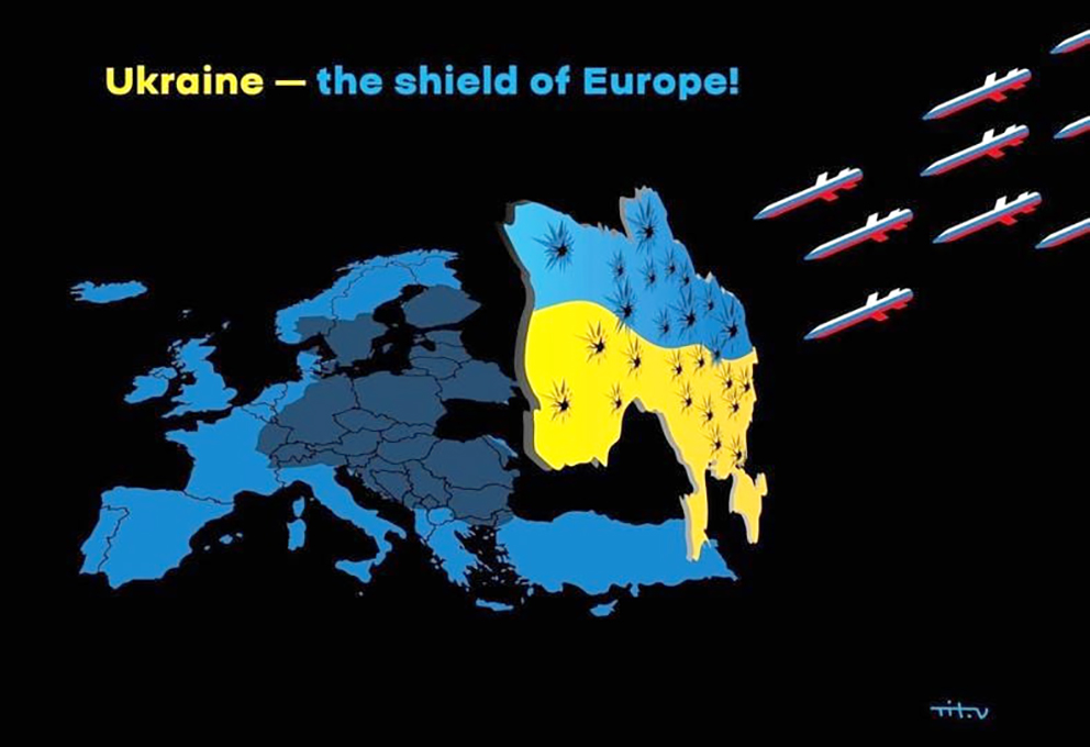 Робота номінанта та фіналіста Національної премії України імені Тараса Шевченка (2025) Нікіти Тітова – «Україна – щит Європи!». (Світлина з відкритих джерел). 